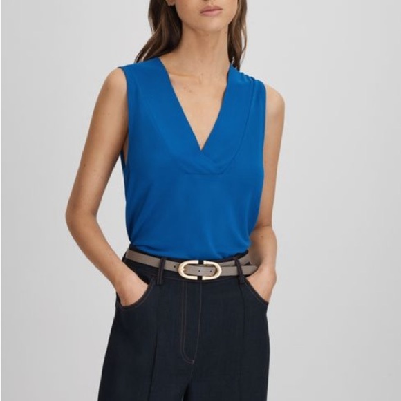 New Reiss Taylor V Neck Shell Blouse Sleeveless Top Blue Sz S - Picture 1 of 11